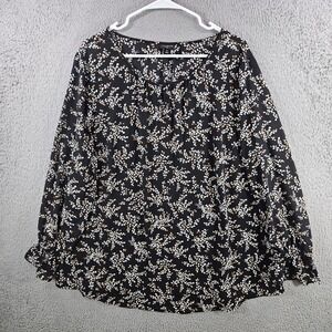Talbots Plus 2X Black Floral Sprig Ruffle Cuff Blouse Long Sleeve Scoop Neck Top